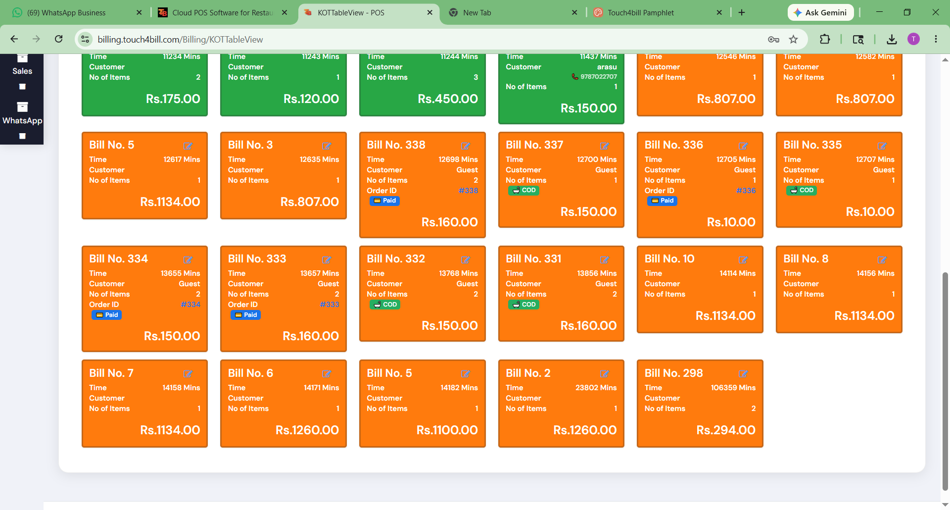 Touch4Bill KOT Table View — real software showing live bill cards with status, time and amount per table