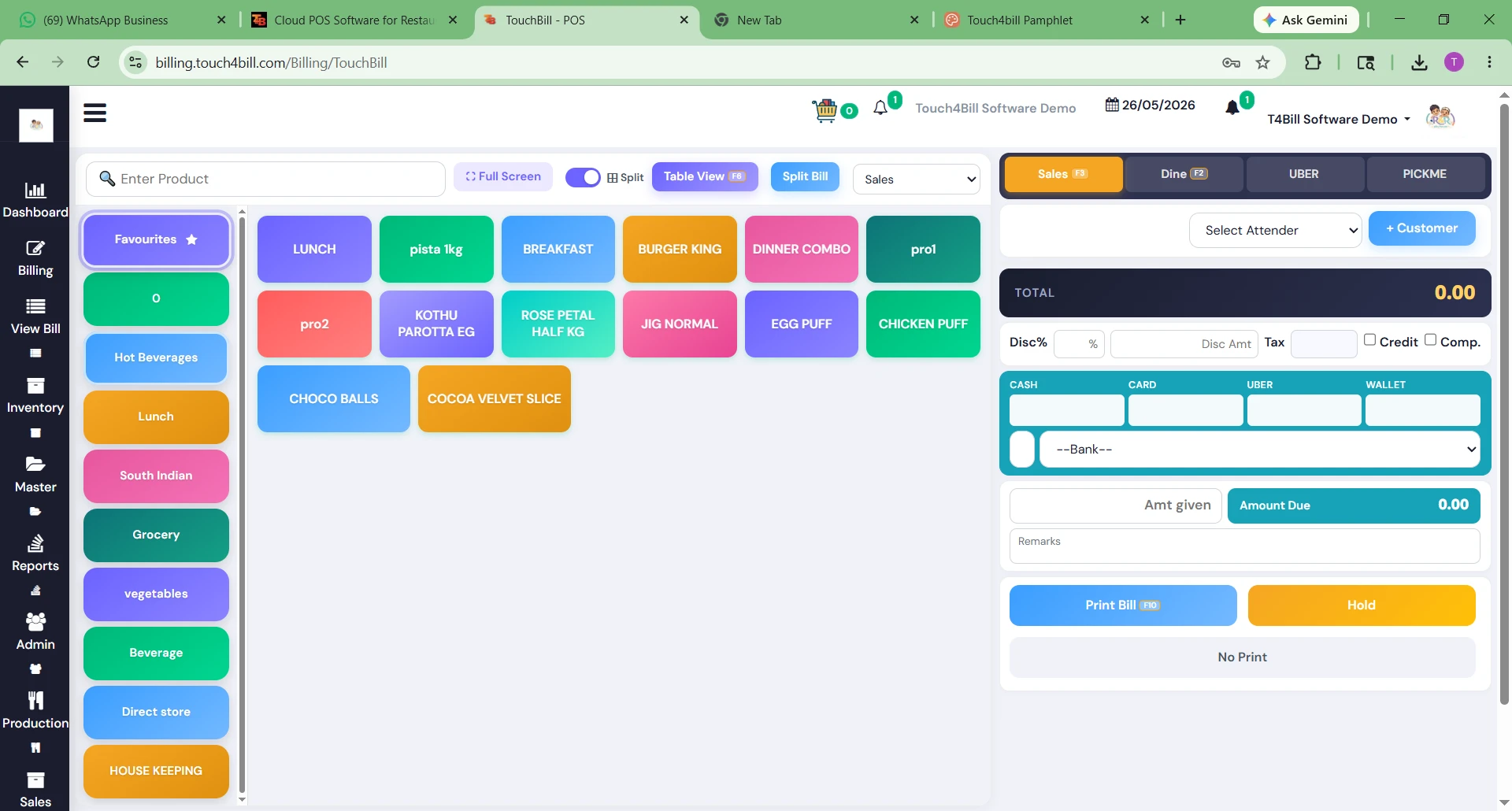 Touch4Bill Cloud POS — Touch billing interface with category tiles